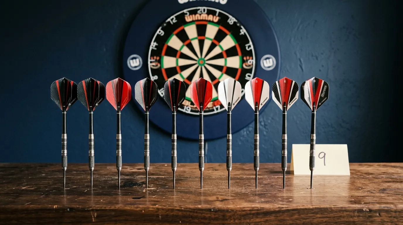 Neun Dartspfeile in einer Reihe auf einem Tisch vor einer Dartscheibe – Symbol für den perfekten 9-Darter