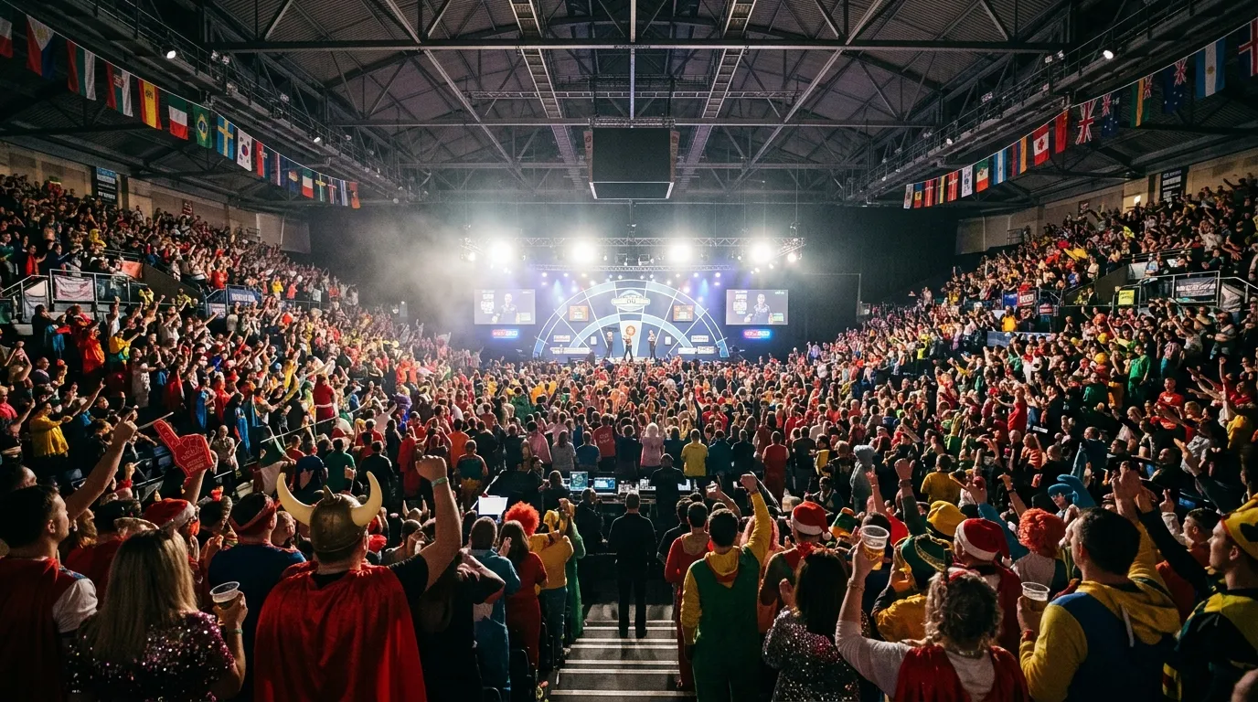 Vollbesetzter Darts-WM-Saal mit farbenfrohem Publikum in Kostümen und dramatischer Bühnenbeleuchtung