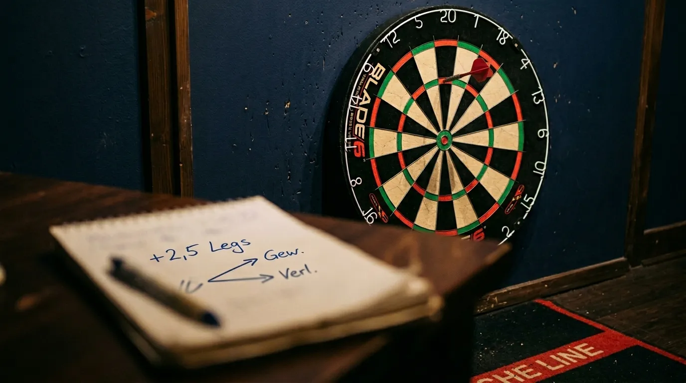 Nahaufnahme einer Dartscheibe mit Pfeil im Triple-20-Segment und handschriftlichem Handicap-Eintrag