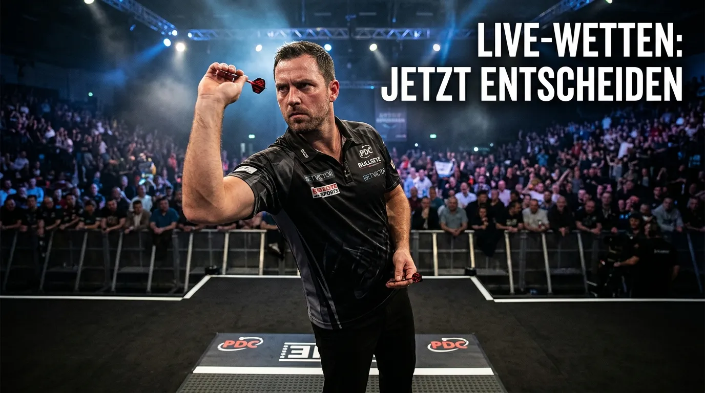 Darts Live-Wetten: Konzentrierter Spieler beim entscheidenden Doppelwurf unter Flutlicht