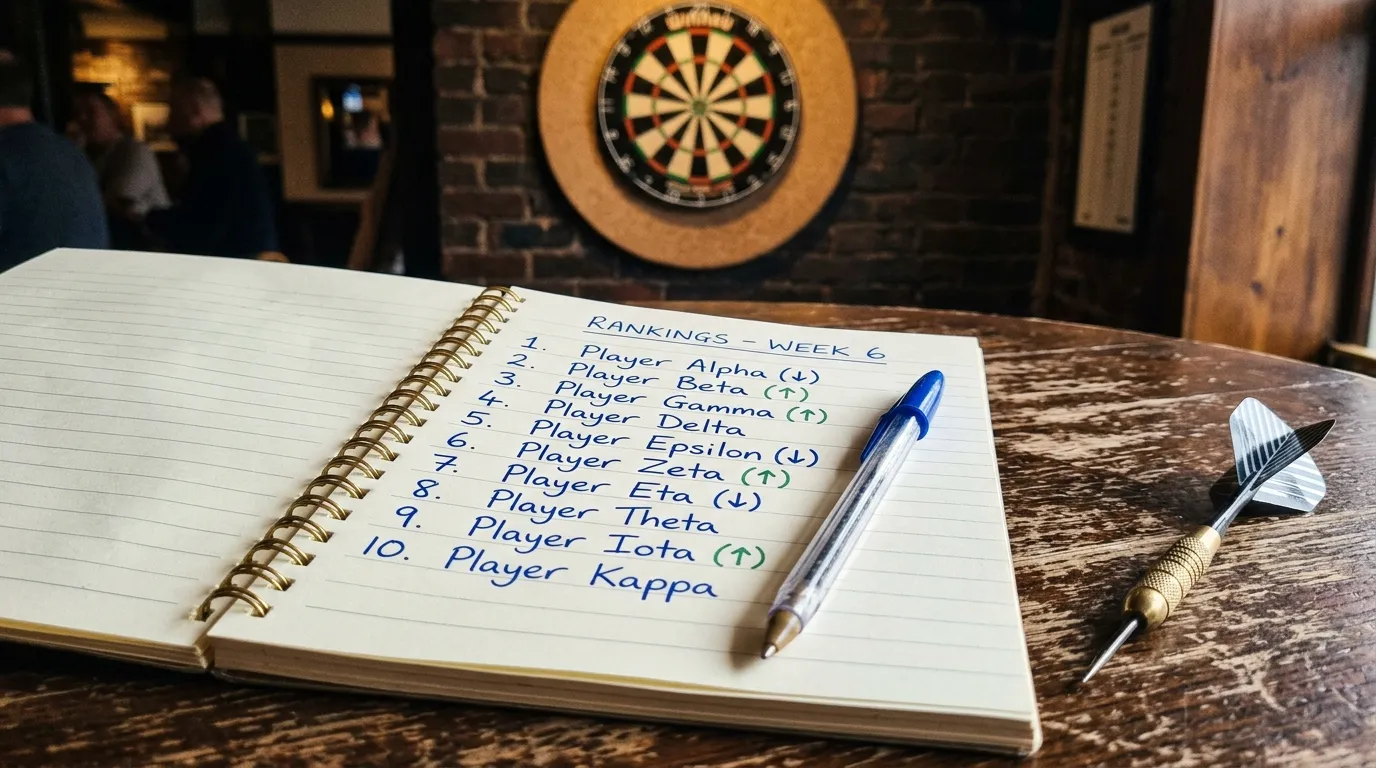 Handgeschriebene Rangliste mit Spielernummern auf einem Notizblock neben einer Dartscheibe