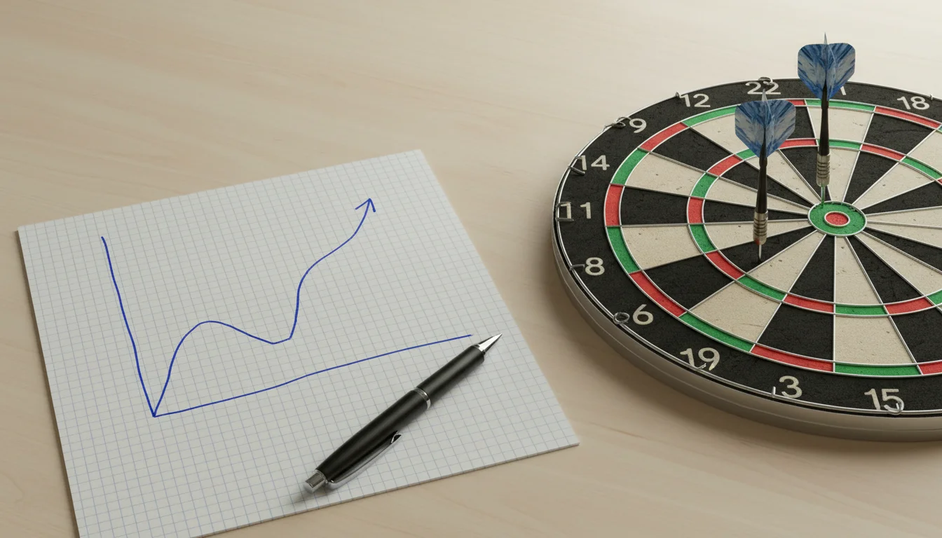 Zwei Dartspfeile treffen die Dartscheibe, im Vordergrund ein einfaches Liniendiagramm auf Papier
