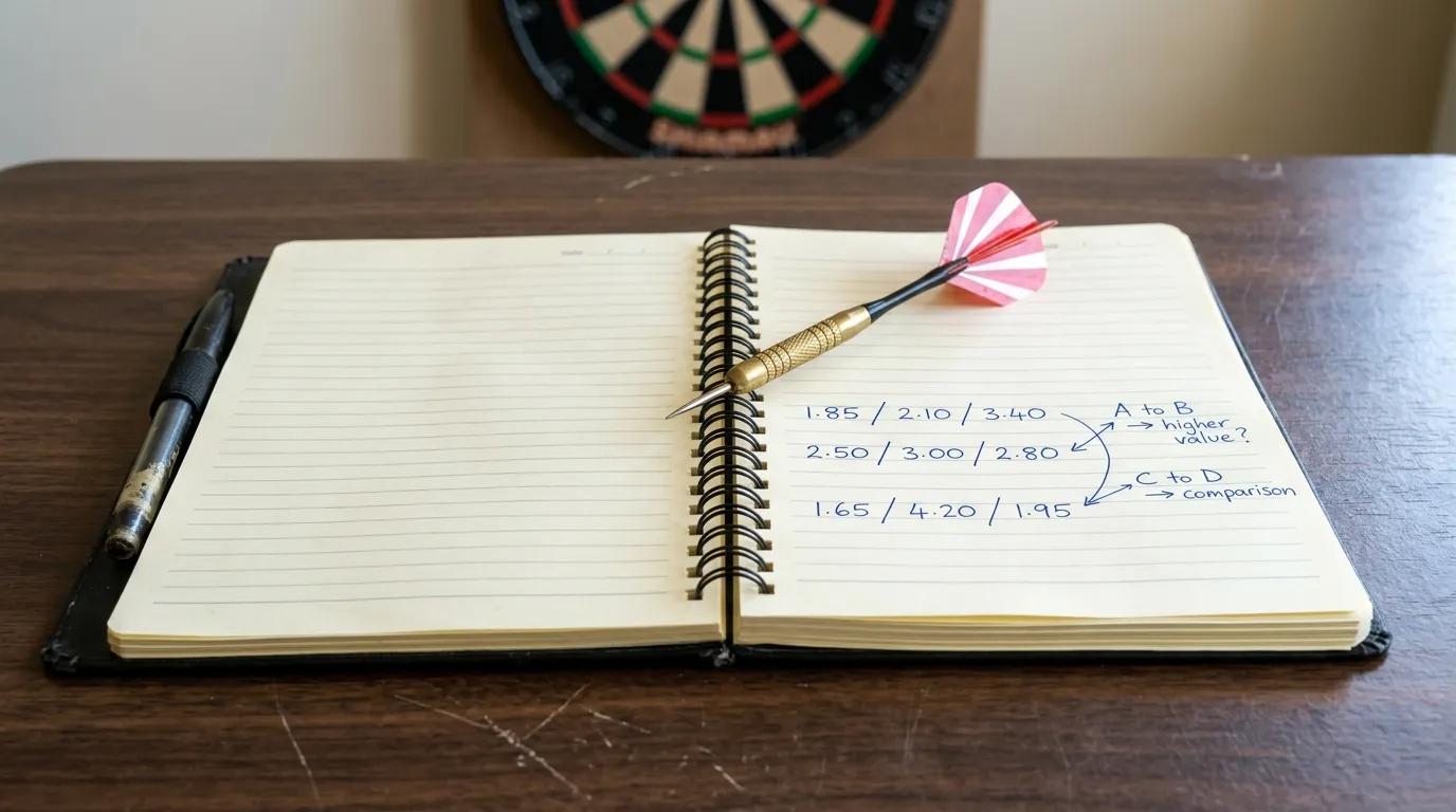 Nahaufnahme handgeschriebener Wettquoten auf einem Notizblock neben einem Dart auf dem Tisch
