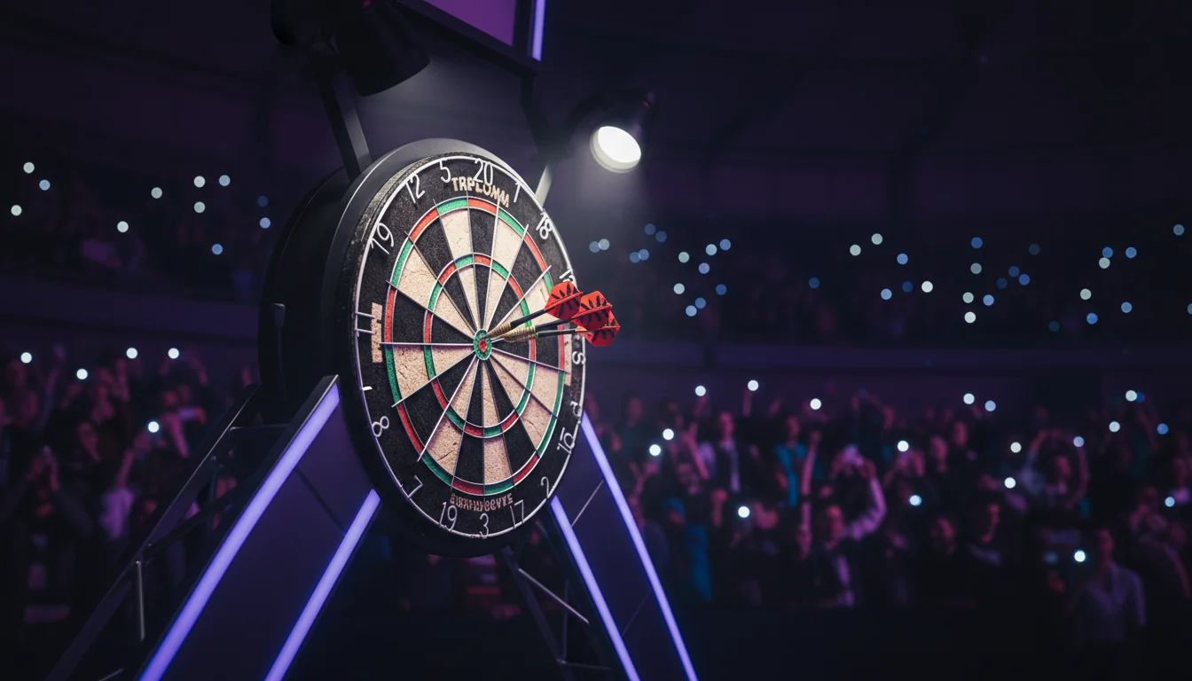 Professionelle Darts-Szene im Alexandra Palace mit beleuchteter Dartscheibe