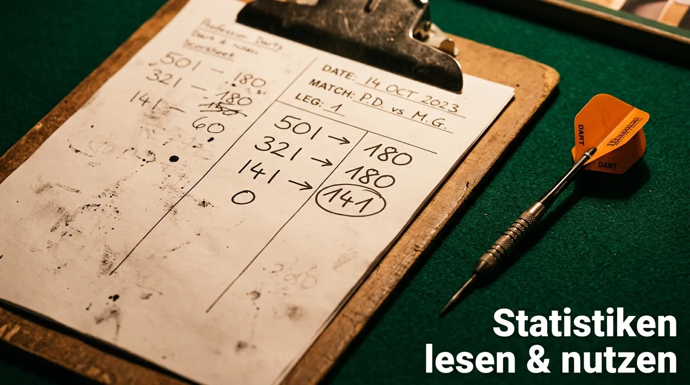 Darts-Statistiken Analyse: Nahaufnahme eines Pfeils im Triple-20-Feld mit Scorekarte