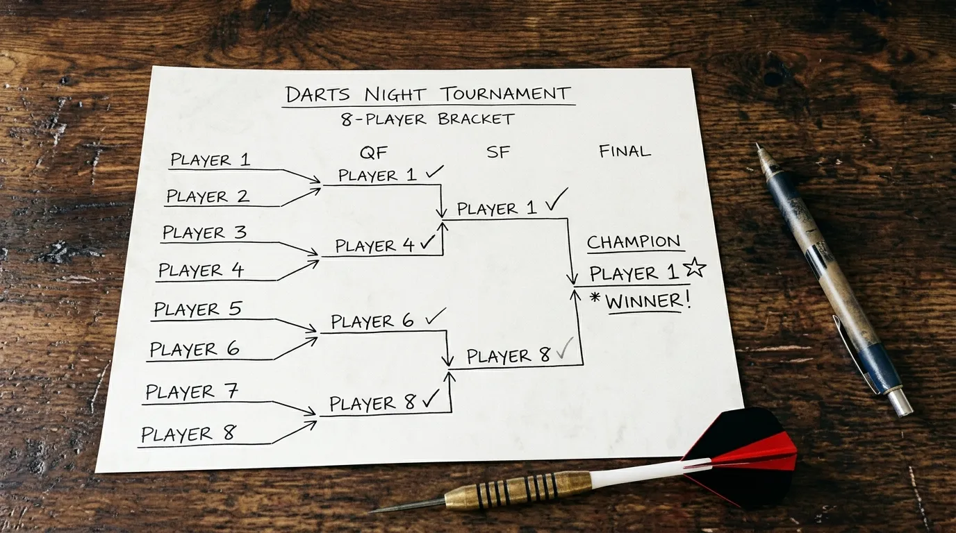 Handgezeichneter Turnierbaum auf Papier mit Dartpfeilen im Hintergrund – Bracket-Analyse für Wetten