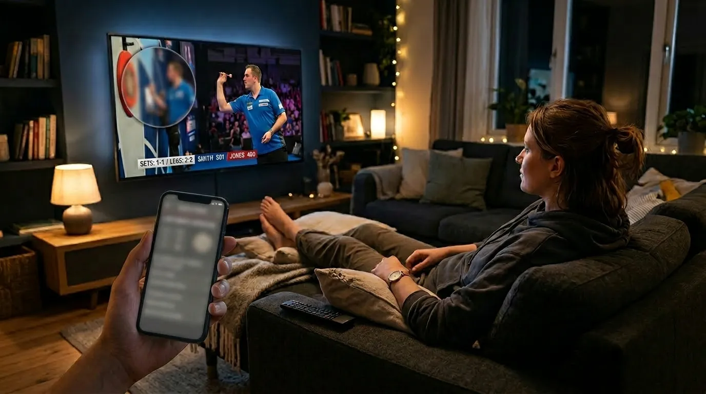Person schaut Darts-Übertragung auf dem Fernseher und hält Smartphone mit Live-Wetten in der Hand
