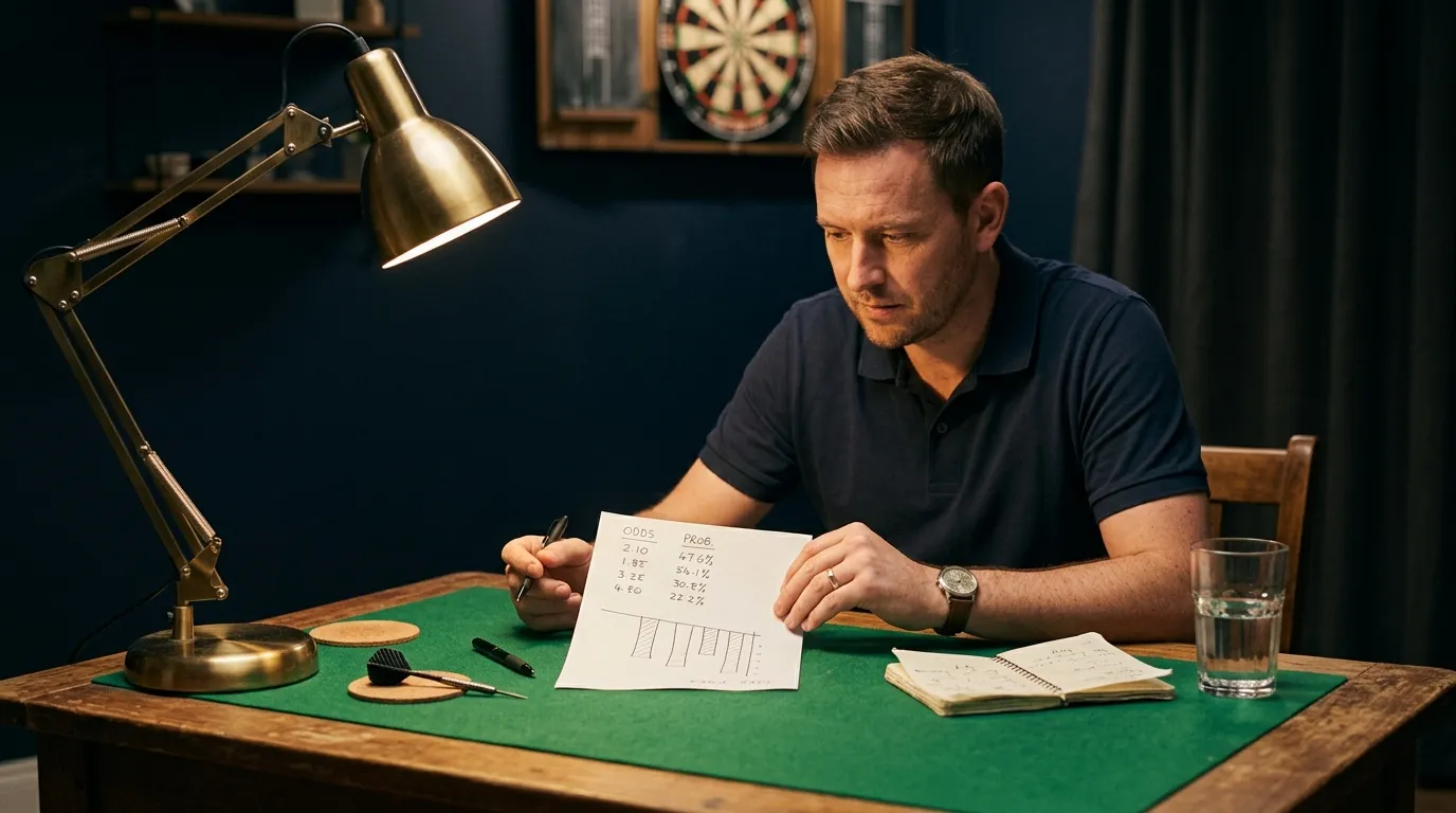 Profi-Dartsspieler analysiert handschriftliche Wettnotizen und Quoten auf einem Blatt Papier