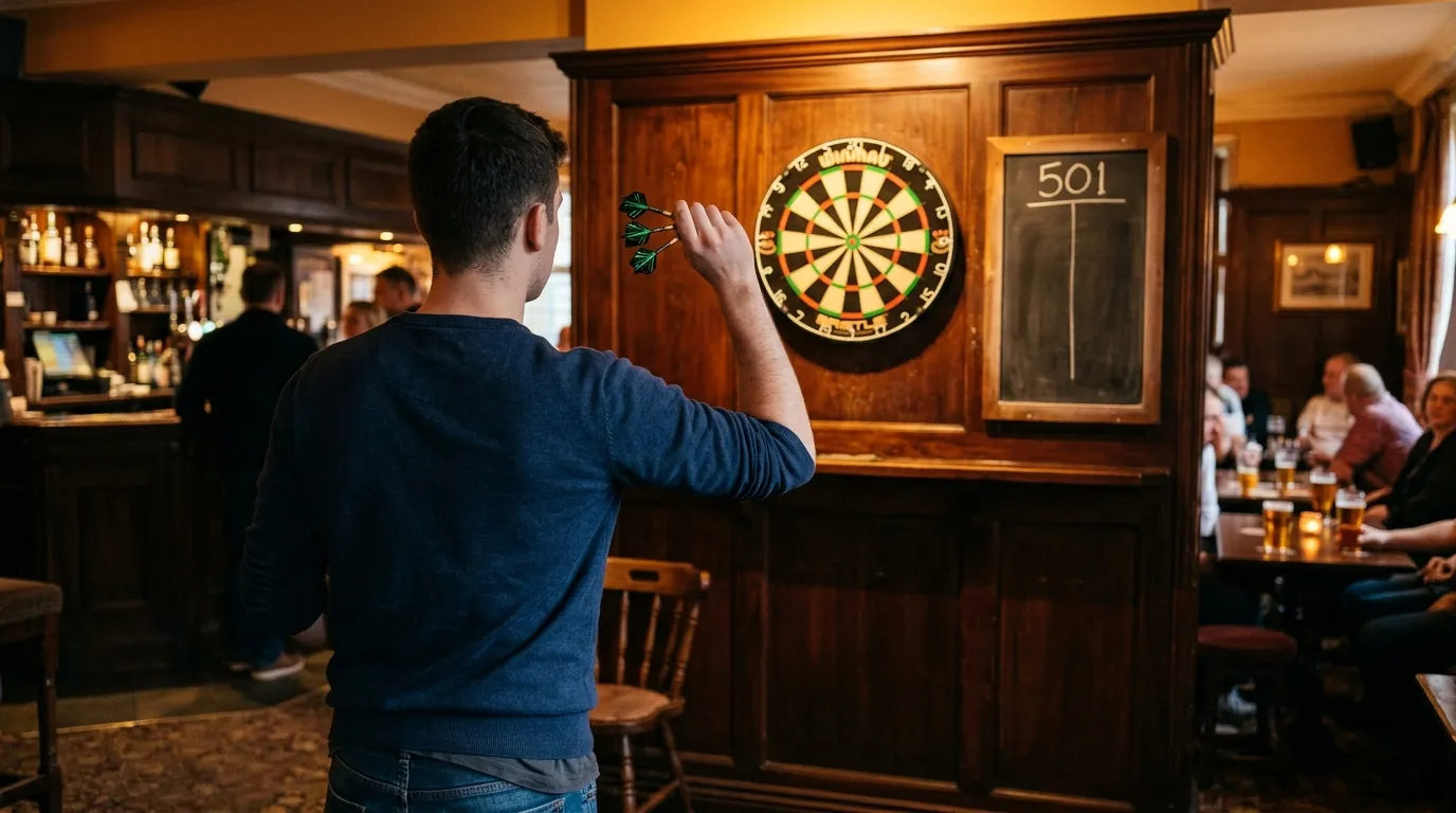 Anfänger hält erstmals drei Dartspfeile in der Hand und schaut konzentriert auf eine Dartscheibe