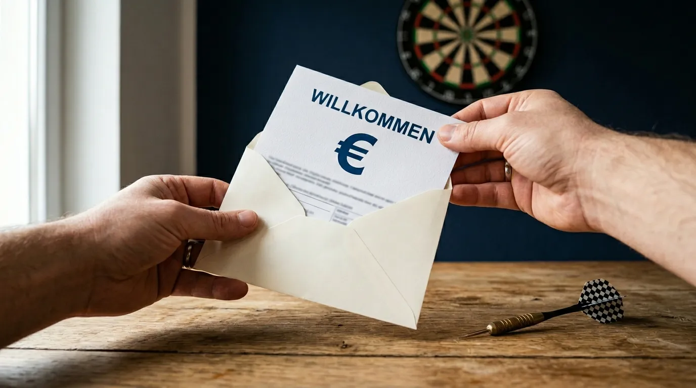 Hände halten ein Willkommensschreiben mit symbolischem €-Zeichen neben einer Dartscheibe auf dem Tisch