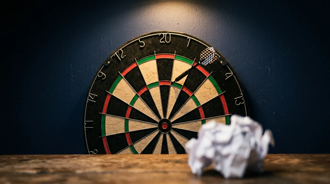 Dartpfeil verfehlt das Ziel und trifft den Rand der Dartscheibe – Symbol für einen Wettfehler