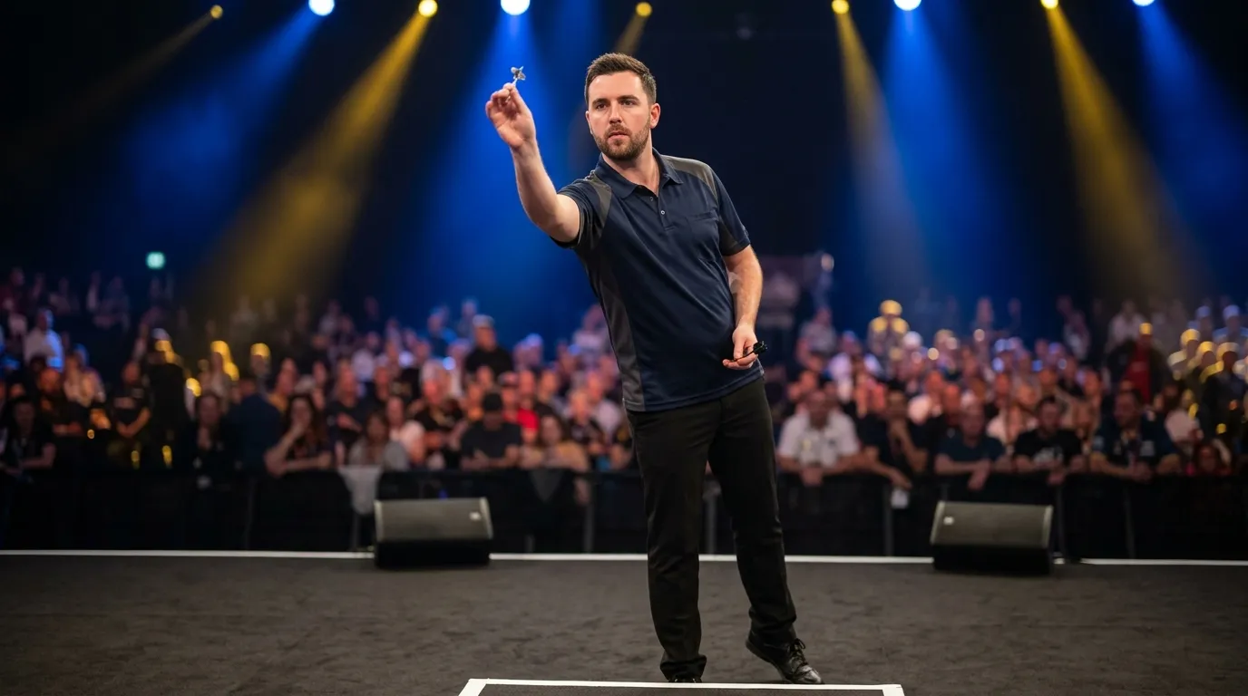 Professioneller Dartsspieler beim WM-Auftritt auf der großen Bühne mit dramatischer Bühnenbeleuchtung