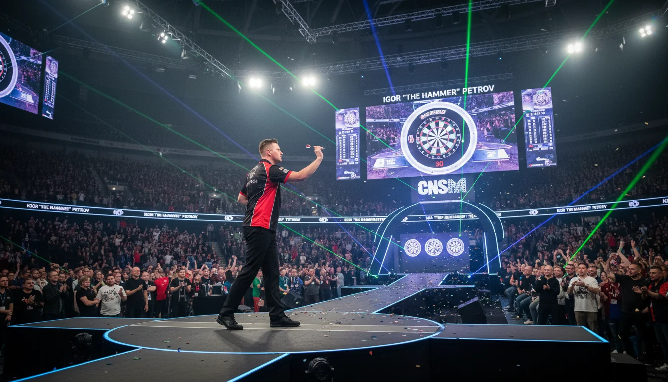 Deutscher Darts-Profi beim Wurf auf das Dartboard in der PDC-Arena