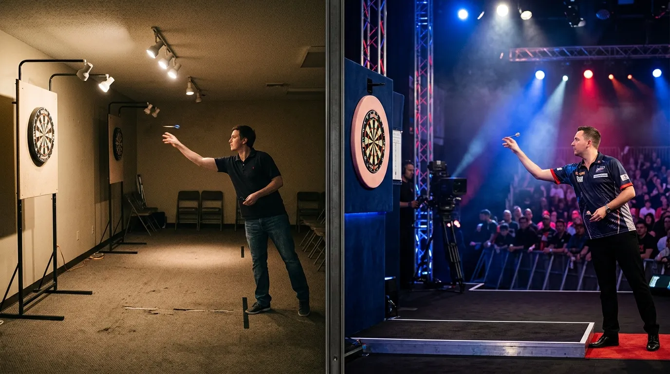 Vergleich zweier Darts-Szenen: Floor-Event in kleiner Halle vs. TV-Bühne mit Publikum