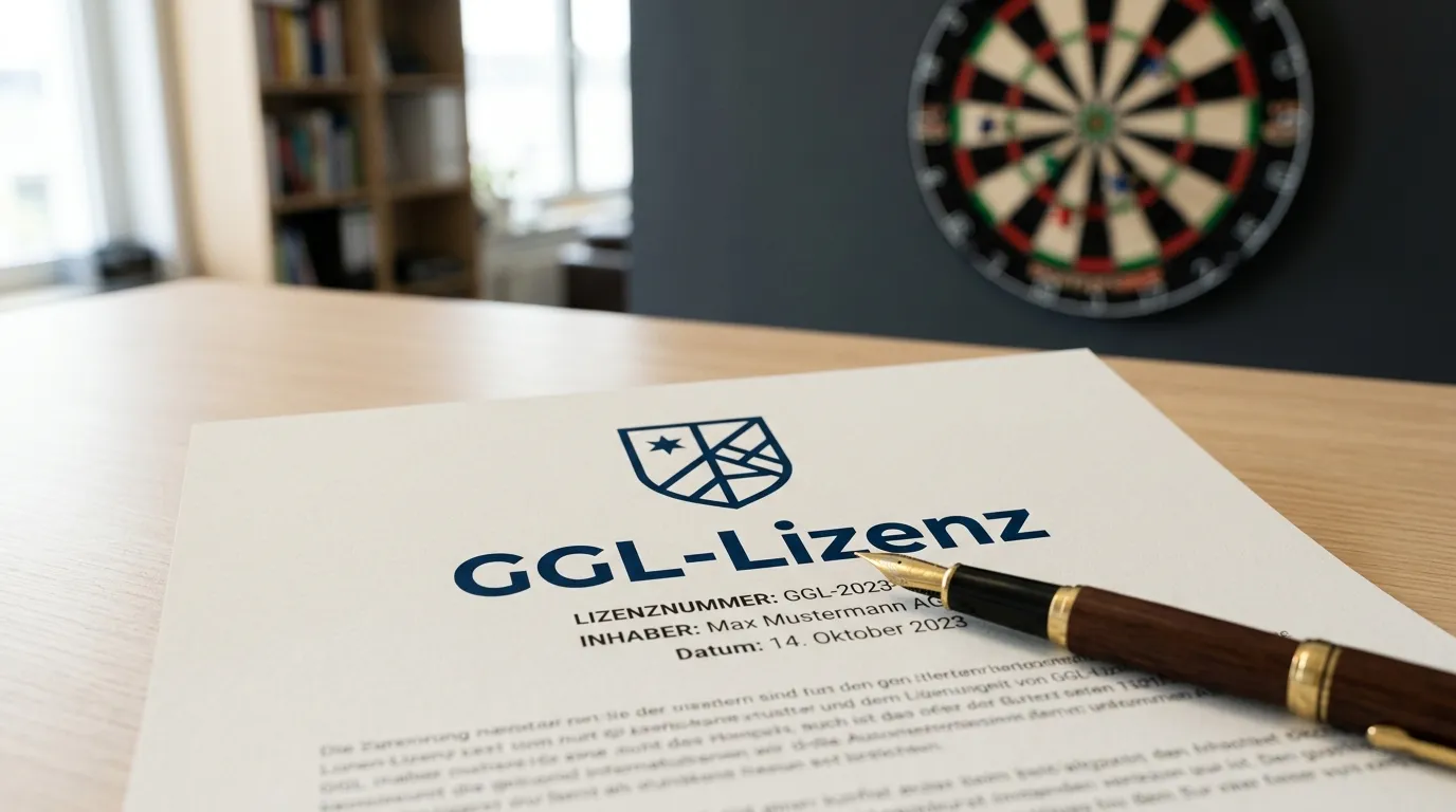 Offizielles Dokument mit GGL-Lizenz-Symbol und deutschem Bundesadler auf einem Schreibtisch