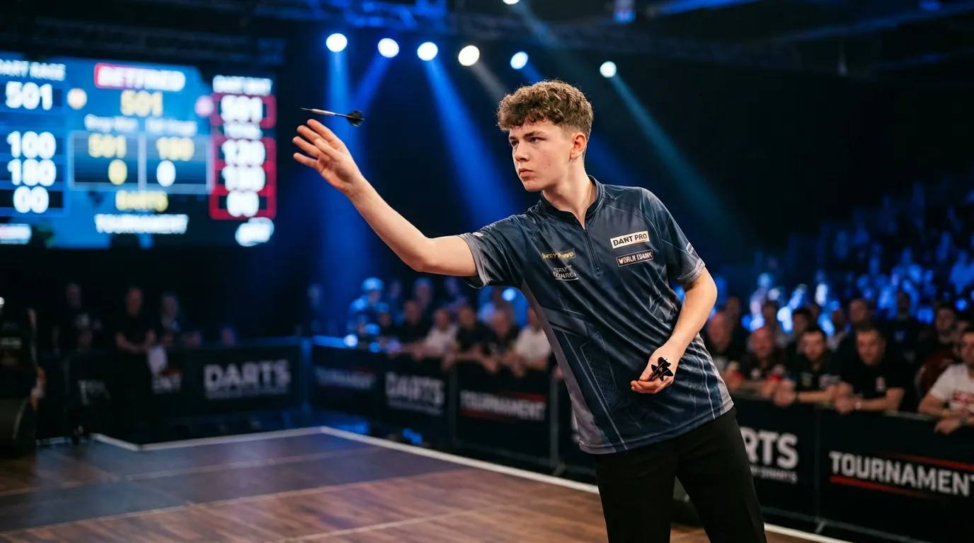 Junger Dartsspieler trifft Triple-20 mit perfekter Wurfbewegung auf einer beleuchteten Turnierbühne