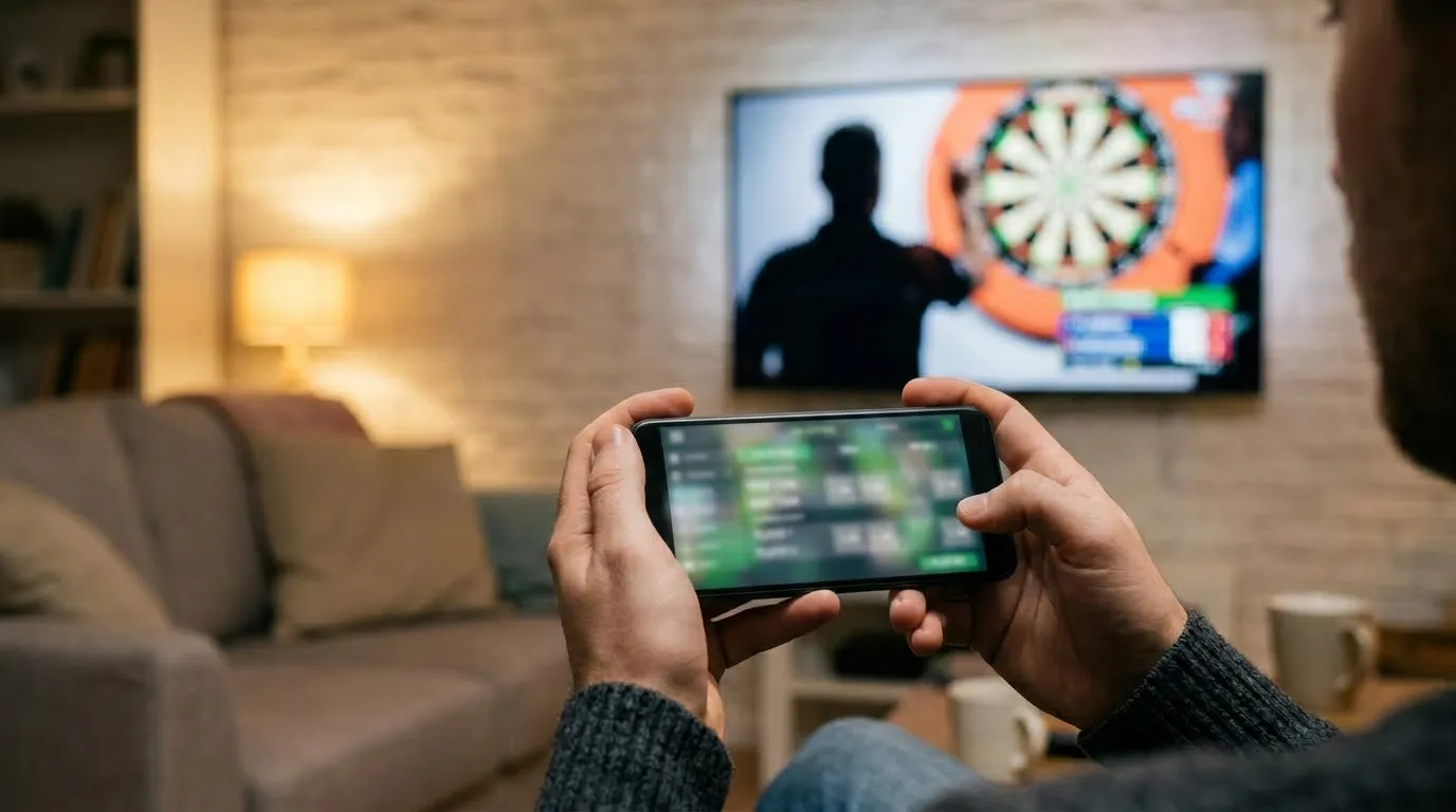 Person hält Smartphone in der Hand und verfolgt Darts-Live-Wetten, im Hintergrund ein TV mit Dart-Übertragung