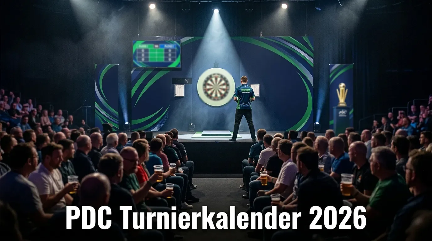 PDC Turnierkalender 2026: Dartboard mit Turniertrophäe und Ally Pally Atmosphäre