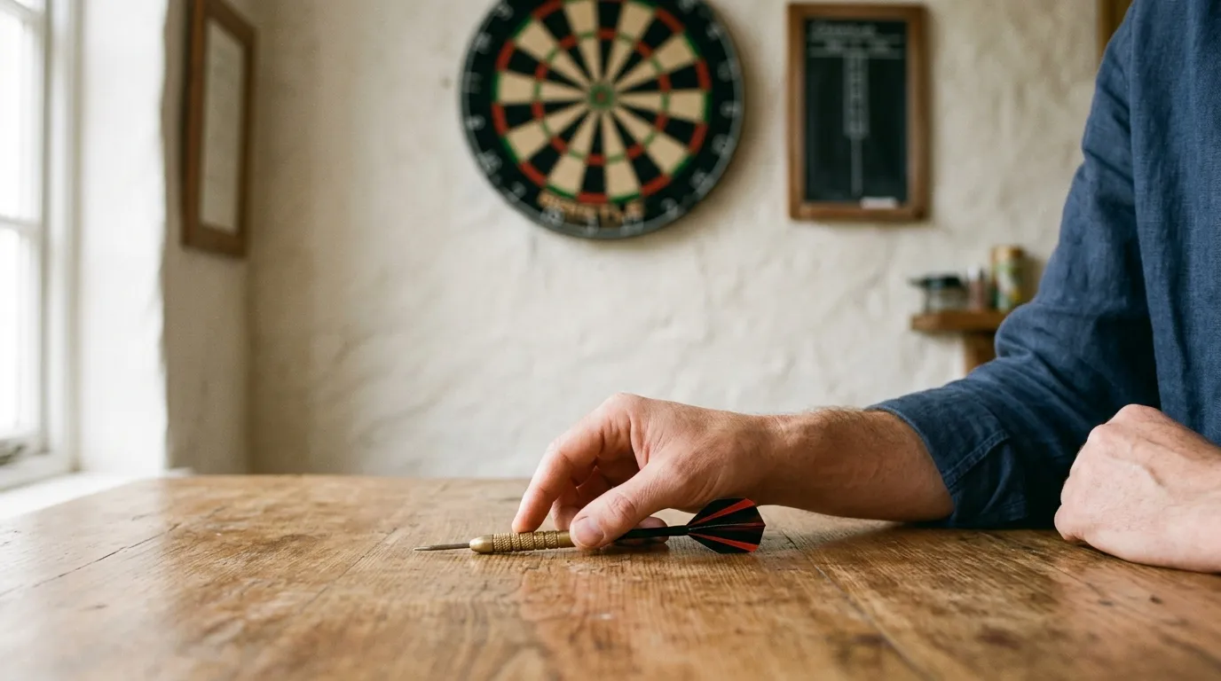 Person hält inne und legt Dartpfeil bewusst ab – Symbol für verantwortungsvolles Spielen