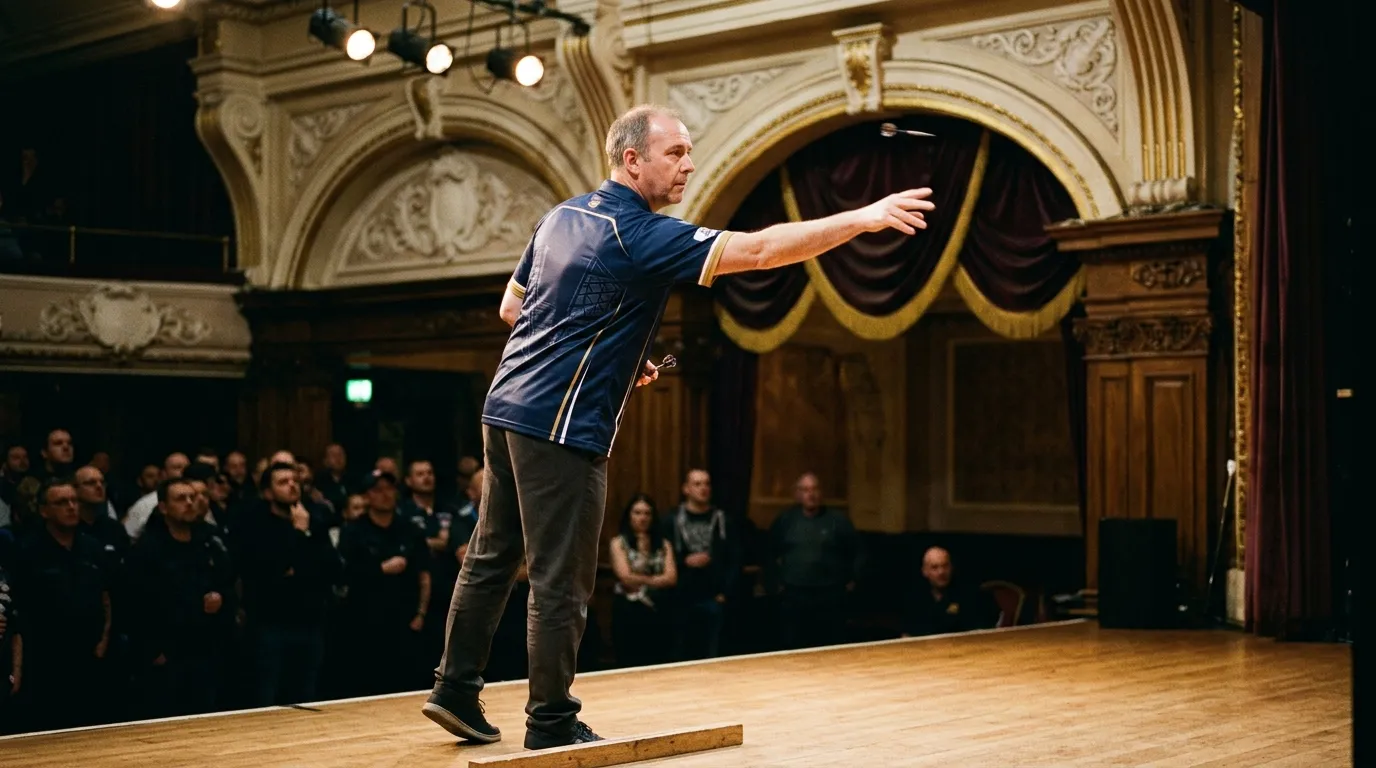 Professioneller Dartsspieler beim World Matchplay auf einer historischen Bühne in Blackpool